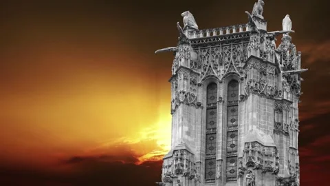 Saint-Jacques Tower (Tour Saint-Jacques) against the sunset. Paris, France Stock Footage 265843248