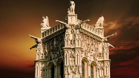 Saint-Jacques Tower (Tour Saint-Jacques) against the sunset. Paris, France Stock Footage 265843258