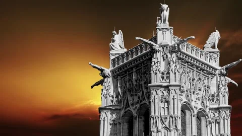 Saint-Jacques Tower (Tour Saint-Jacques) against the sunset. Paris, France Stock Footage 265843273