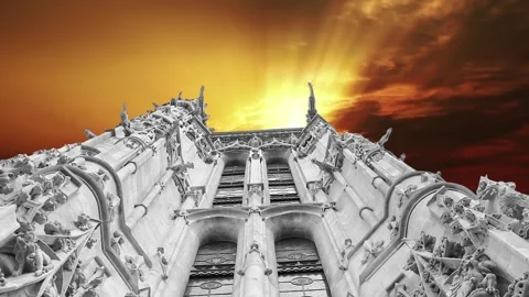 Saint-Jacques Tower (Tour Saint-Jacques) against the sunset. Paris, France Stock Footage 265843355