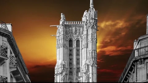 Saint-Jacques Tower (Tour Saint-Jacques) against the sunset. Paris, France Stock Footage 265843375