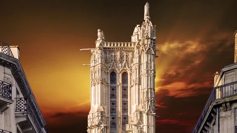 Saint-Jacques Tower (Tour Saint-Jacques) against the sunset. Paris, France Stock Footage 265843387