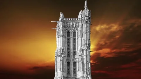 Saint-Jacques Tower (Tour Saint-Jacques) against the sunset. Paris, France Stock Footage 265843388