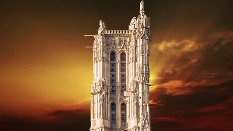 Saint-Jacques Tower (Tour Saint-Jacques) against the sunset. Paris, France Stock Footage 265843402