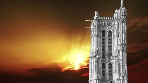Saint-Jacques Tower (Tour Saint-Jacques) against the sunset. Paris, France Stock Footage 265843409