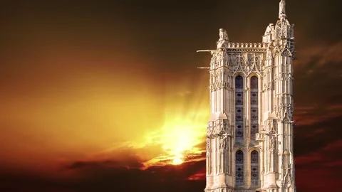 Saint-Jacques Tower (Tour Saint-Jacques) against the sunset. Paris, France Stock Footage 265843415