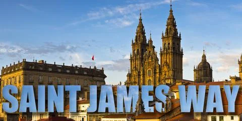 Saint James Way Text Cathedral Background Stock Photos