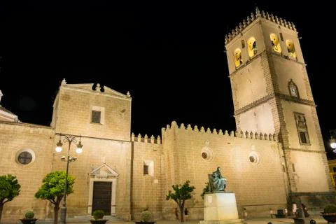 Saint John Baptist Cathedral at night, Badajoz, Spain Stock Photos