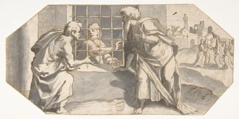 Saint John the Baptist in Prison Sends His Disciples to Question Jesus 1598.. Stock Illustration