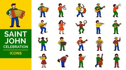 Saint John Celebration Icons Set Featuring Musicians and Dancers. Иллюстрация