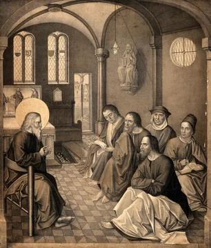 Saint John the Evangelist (?) addressing five disciples. Lithograph by N.J... Stock Illustration