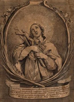 Saint John of Nepomucen. Etching. Stock Illustration
