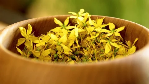 Saint john's wort flowers falling in a wood bowl Video stock 129020824