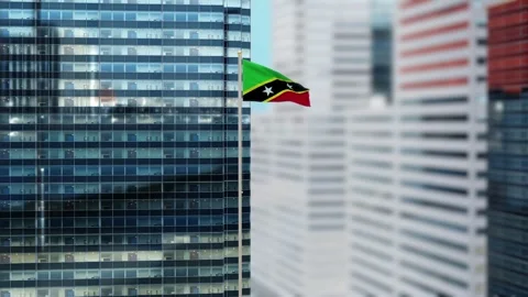 Saint Kitts and Nevis Flag 3D Render Animation on Pole with Modern City Buil Stock-Footage 333069928