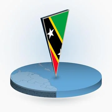 Saint Kitts and Nevis map in round isometric style with triangular 3D flag .. Stock Illustration