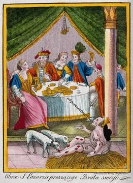 Saint Lazarus. Coloured etching. Stock Illustration