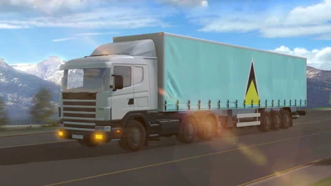 Saint Lucia flag shown on the side of a large truck Stock Footage 122105448