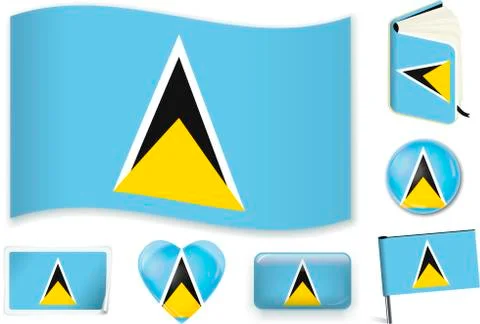 Saint Lucia flag wave, book, circle, pin, button, heart and sticker. Stock Illustration