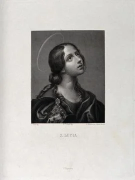 Saint Lucy. Line engraving by E. Fabbrini after F. Calendi after C. Dolci. Stock Illustration