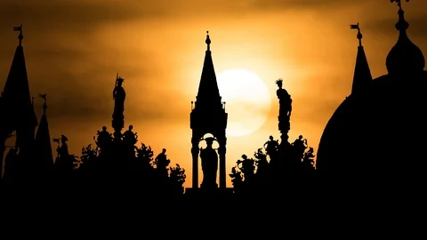 The Saint Mark's Basilica in Piazza San Marco, Venice, Italy, Suneset Timelapse Stock Footage 102354816