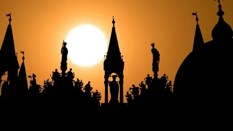 The Saint Mark's Basilica in Piazza San Marco, Venice, Italy, Suneset Timelapse Stock Footage 103599804