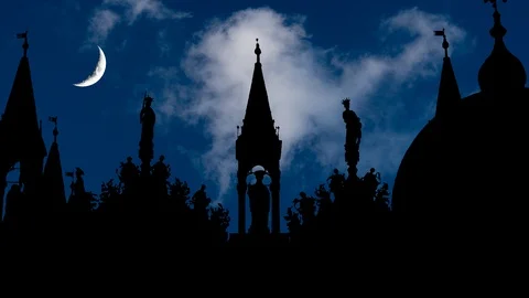 The Saint Mark's Basilica in Piazza San Marco, Venice, Italy, Quarter Moon Stock Footage 104908848