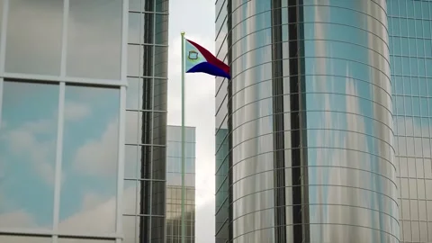 Saint Martin Flag 3D Render Animation on Pole with City Buildings Stockbeeldmateriaal 332884815