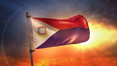Saint Martin Flag Backlit At Beautiful Sunrise Loop Slow Motion 4K Stock Footage 76800567
