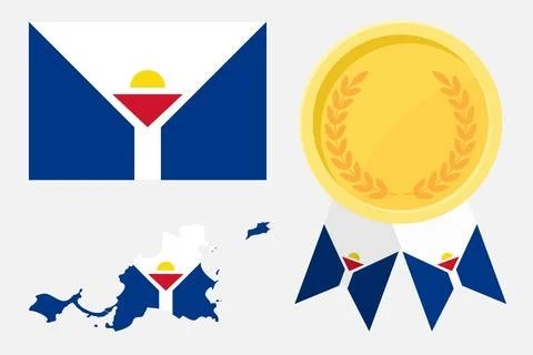 Saint Martin flag with map and gold medal in set for web and banners or app.. Stock Illustration