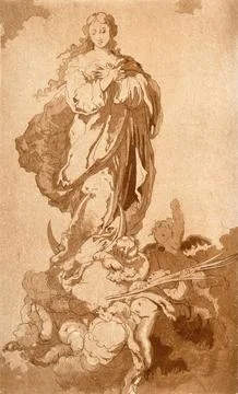 Saint Mary (the Blessed Virgin). Etching by J.J. Martinez de Espinosa. Stock Illustration