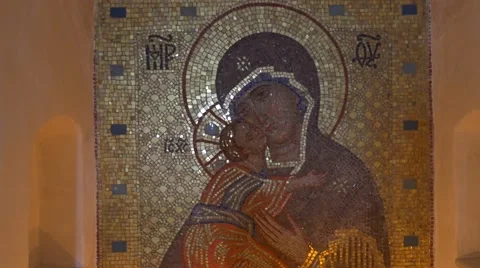 Saint Mary With Jesus Baby Icon in Chalk Caves, Located Underground in Stock Footage 59010542