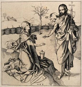 Saint Mary Magdalen: The risen Christ asks her not to touch him. Etching af.. Stock Illustration