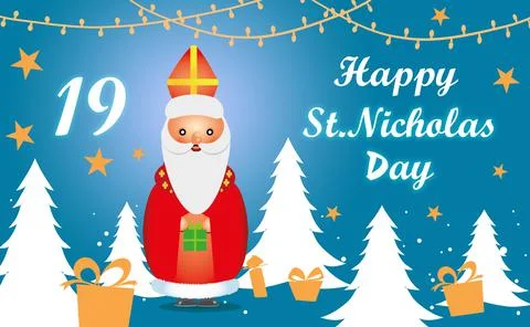 Saint Nicholas on blue background, illustration. Greeting card design Stock Illustration