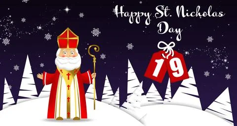 Saint Nicholas on dark blue background, illustration. Greeting card design Stock Illustration