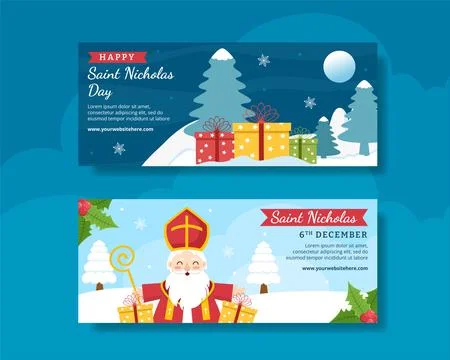 Saint Nicholas Day or Sinterklaas Horizontal Banner Template Hand Drawn Carto Stock Illustration