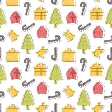 Saint Nicholas Day or Sinterklaas Seamless Pattern with Gift Box and Christ.. 스톡 일러스트