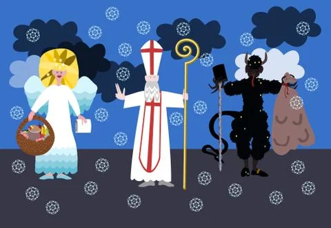 Saint Nicholas, devil and angel - Czech folk christmas tradition Stock Illustration