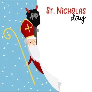 Saint Nicholas with devil and falling snow. Cute Christmas invitation card, web Stock Illustration