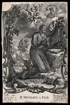 Saint Nicholas of Flue. Etching after J.W. Baumgrtner. Stock Illustration