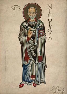 Saint Nicholas of Myra and Bari. Watercolour painting by W. (?) Brindley, 188 Stock Illustration
