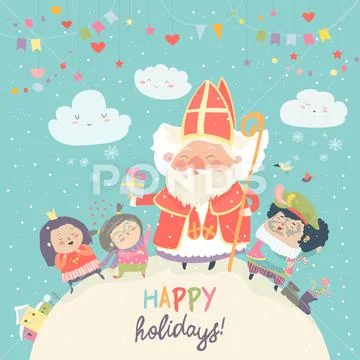Saint Nicholas with Piet and happy kids Stock Illustration