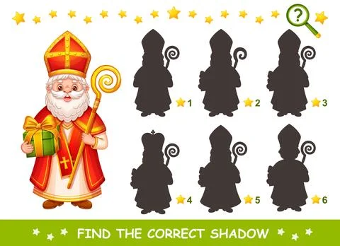 Saint Nicholas, Sinterklaas, find correct shadow, children education puzzle game Stock Illustration