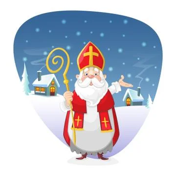 Saint Nicholas standing in front of winter background illustration	 Stock Illustration