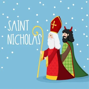 Saint Nicholas walking with devil and falling snow. Cute Christmas invitation Stock Illustration