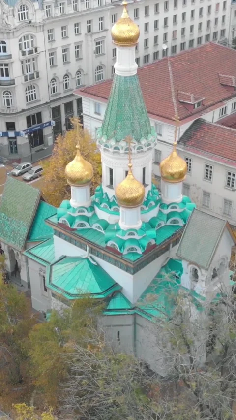 Saint Nikolas Russian Church in Sofia showing its golden domes and green roof Stock Footage 311836752