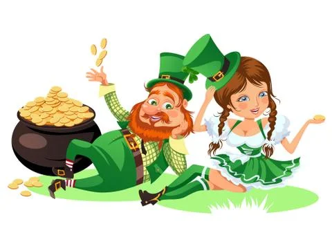 Saint patrick day characters, leprechaun and girl with mug of green beer, glass Stock Illustration