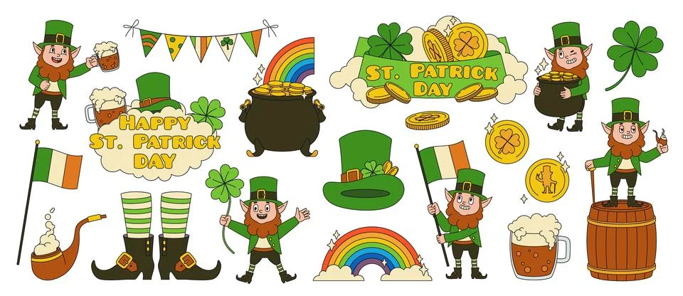 Saint Patrick day elements. Cartoon funny gnome and leprechaun holds clover Stock Illustration