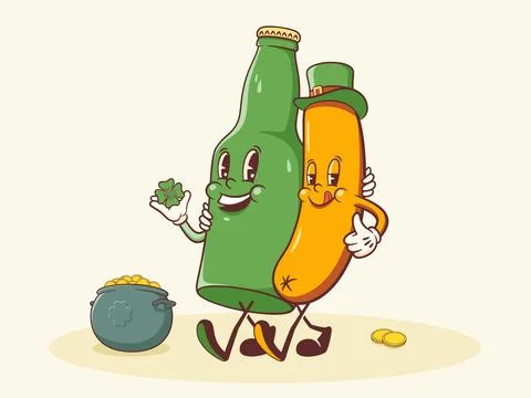 Saint Patrick Day Groovy Beer Tankard and Sausage Retro Characters. Cartoon Stock Illustration