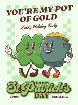 Saint Patrick Day Groovy Pot of Gold Coins Retro Characters Poster. Cartoon Stock Illustration