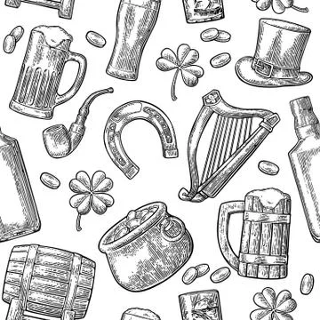 Saint Patrick Day. hat, Pot coins, pipe, beer, lyre, horseshoe Stockillustratie